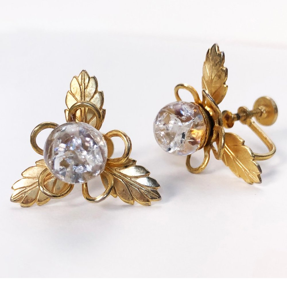 Gold leaf earrings with glass bead, fancy floral leaves screw on earring vintage